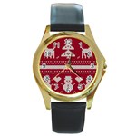 Christmas-seamless-knitted-pattern-background 001 Round Gold Metal Watch Front