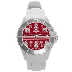 Christmas-seamless-knitted-pattern-background 001 Round Plastic Sport Watch (l) by nate14shop