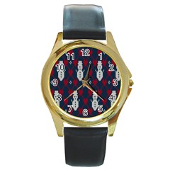 Christmas-seamless-knitted-pattern-background 002 Round Gold Metal Watch by nate14shop