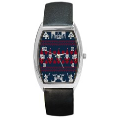 Christmas-seamless-knitted-pattern-background 003 Barrel Style Metal Watch by nate14shop