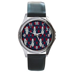 Christmas-seamless-knitted-pattern-background 004 Round Metal Watch by nate14shop