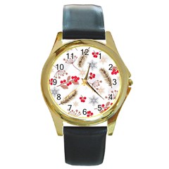 Christmas-seamless-pattern-with-fir-branches Round Gold Metal Watch by nate14shop