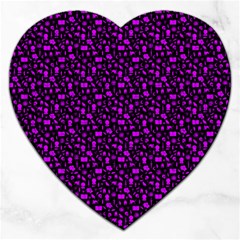 Small Bright Dayglo Purple Halloween Motifs Skulls, Spells & Cats On Spooky Black Jigsaw Puzzle (heart) by PodArtist