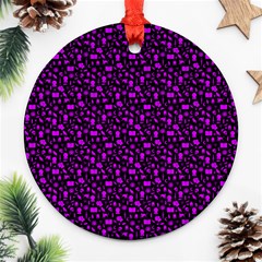 Small Bright Dayglo Purple Halloween Motifs Skulls, Spells & Cats On Spooky Black Round Ornament (two Sides) by PodArtist