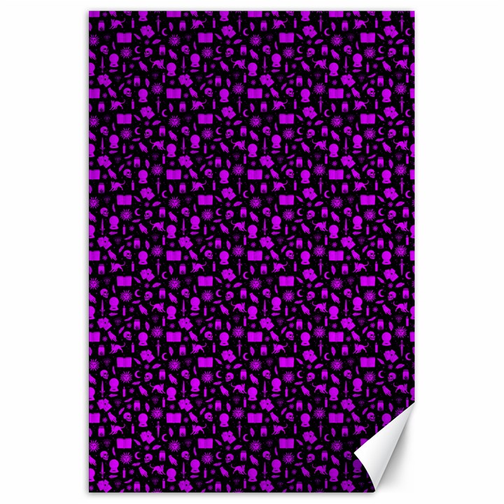 Small Bright Dayglo Purple Halloween Motifs Skulls, Spells & Cats On Spooky Black Canvas 20  x 30 