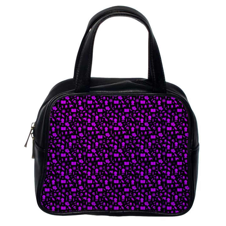 Small Bright Dayglo Purple Halloween Motifs Skulls, Spells & Cats On Spooky Black Classic Handbag (One Side)