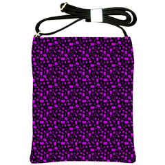 Small Bright Dayglo Purple Halloween Motifs Skulls, Spells & Cats On Spooky Black Shoulder Sling Bag by PodArtist