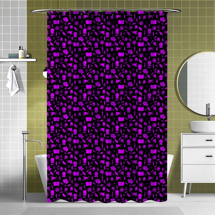 Small Bright Dayglo Purple Halloween Motifs Skulls, Spells & Cats On Spooky Black Shower Curtain 48  x 72  (Small) 