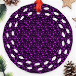 Small Bright Dayglo Purple Halloween Motifs Skulls, Spells & Cats On Spooky Black Ornament (Round Filigree) Front