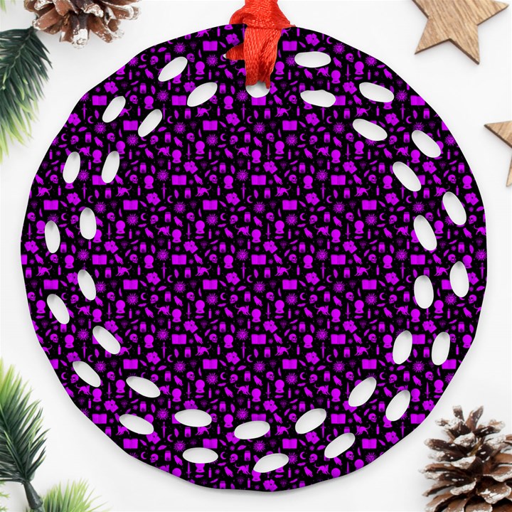 Small Bright Dayglo Purple Halloween Motifs Skulls, Spells & Cats On Spooky Black Ornament (Round Filigree)