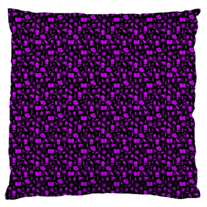 Small Bright Dayglo Purple Halloween Motifs Skulls, Spells & Cats On Spooky Black Large Flano Cushion Case (Two Sides)