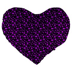 Small Bright Dayglo Purple Halloween Motifs Skulls, Spells & Cats On Spooky Black Large 19  Premium Flano Heart Shape Cushions by PodArtist