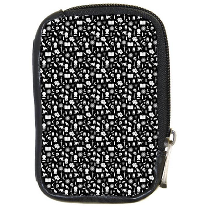 Small Bright White Halloween Motifs Skulls, Spells & Cats on Spooky Black  Compact Camera Leather Case