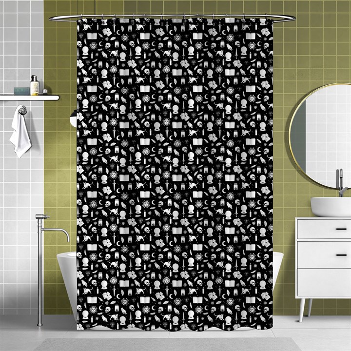 Small Bright White Halloween Motifs Skulls, Spells & Cats on Spooky Black  Shower Curtain 48  x 72  (Small) 