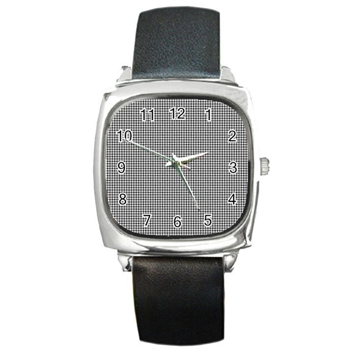 Soot Black and White Handpainted Houndstooth Check Watercolor Pattern Square Metal Watch