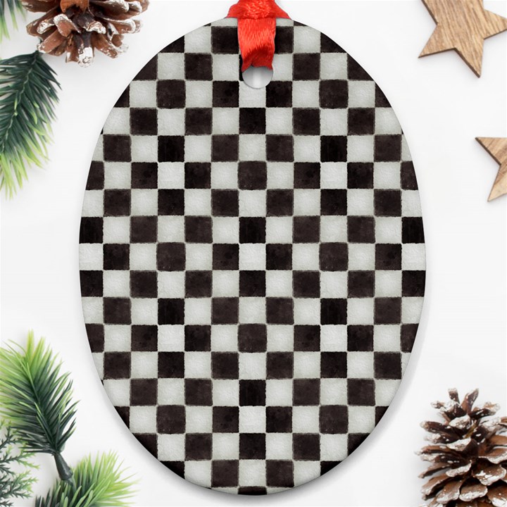 Large Black and White Watercolored Checkerboard Chess Ornament (Oval)