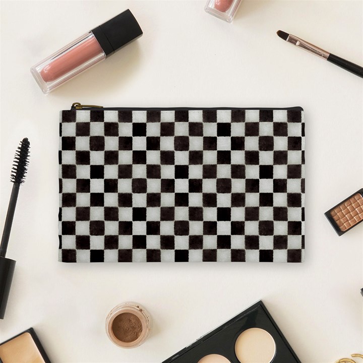 Large Black and White Watercolored Checkerboard Chess Cosmetic Bag (Medium)