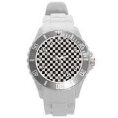 Large Black And White Watercolored Checkerboard Chess Round Plastic Sport Watch (l) by PodArtist