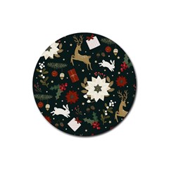 Hand Drawn Christmas Pattern Design Rubber Round Coaster (4 Pack) by nate14shop