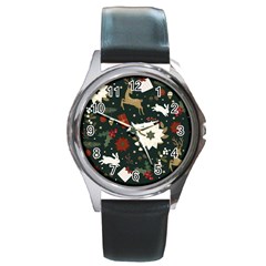 Hand Drawn Christmas Pattern Design Round Metal Watch