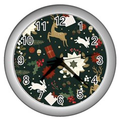 Hand Drawn Christmas Pattern Design Wall Clock (silver)