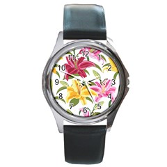 Lily-flower-seamless-pattern-white-background 001 Round Metal Watch by nate14shop