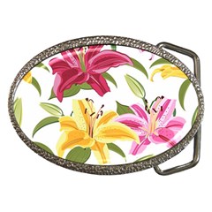 Lily-flower-seamless-pattern-white-background 001 Belt Buckles by nate14shop