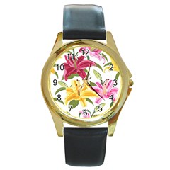 Lily-flower-seamless-pattern-white-background 001 Round Gold Metal Watch by nate14shop