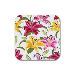 Lily-flower-seamless-pattern-white-background 001 Rubber Coaster (square) by nate14shop