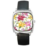 Lily-flower-seamless-pattern-white-background 001 Square Metal Watch Front