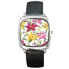 Lily-flower-seamless-pattern-white-background 001 Square Metal Watch by nate14shop