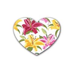 Lily-flower-seamless-pattern-white-background 001 Rubber Heart Coaster (4 Pack) by nate14shop