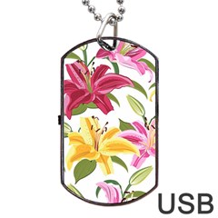 Lily-flower-seamless-pattern-white-background 001 Dog Tag Usb Flash (one Side) by nate14shop