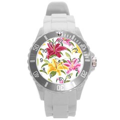 Lily-flower-seamless-pattern-white-background 001 Round Plastic Sport Watch (l) by nate14shop