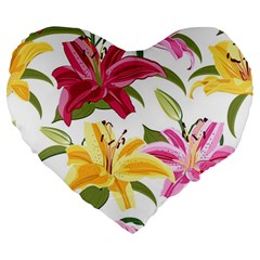 Lily-flower-seamless-pattern-white-background 001 Large 19  Premium Flano Heart Shape Cushions by nate14shop