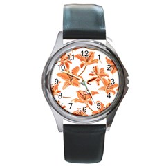 Lily-flower-seamless-pattern-white-background Round Metal Watch by nate14shop