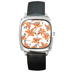 Lily-flower-seamless-pattern-white-background Square Metal Watch by nate14shop