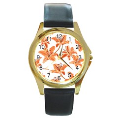 Lily-flower-seamless-pattern-white-background Round Gold Metal Watch by nate14shop