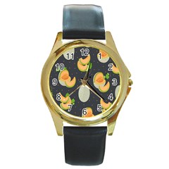 Melon-whole-slice-seamless-pattern Round Gold Metal Watch by nate14shop