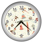 Seamless-background-with-spaceships-stars Wall Clock (Silver) Front