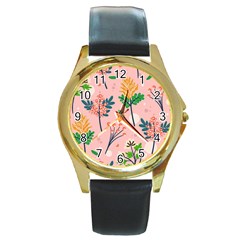 Seamless-floral-pattern 001 Round Gold Metal Watch by nate14shop