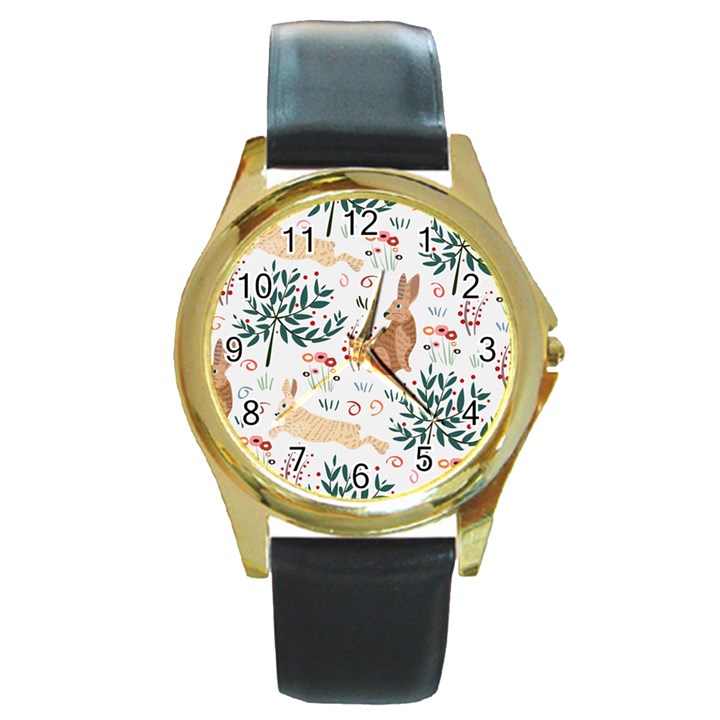 Seamless-pattern-with-rabbit Round Gold Metal Watch