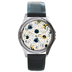 Seamless-pattern-with-spaceships-stars 002 Round Metal Watch by nate14shop