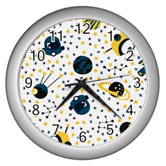 Seamless-pattern-with-spaceships-stars 002 Wall Clock (Silver)