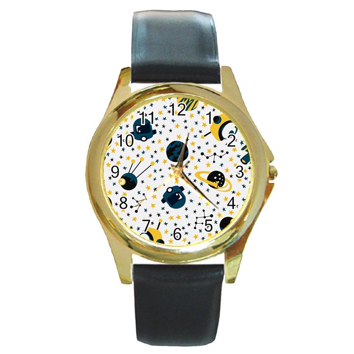 Seamless-pattern-with-spaceships-stars 002 Round Gold Metal Watch