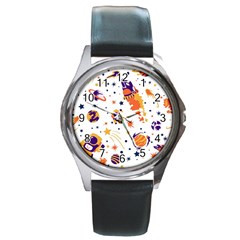 Seamless-pattern-with-spaceships-stars 005 Round Metal Watch by nate14shop