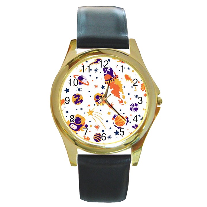 Seamless-pattern-with-spaceships-stars 005 Round Gold Metal Watch