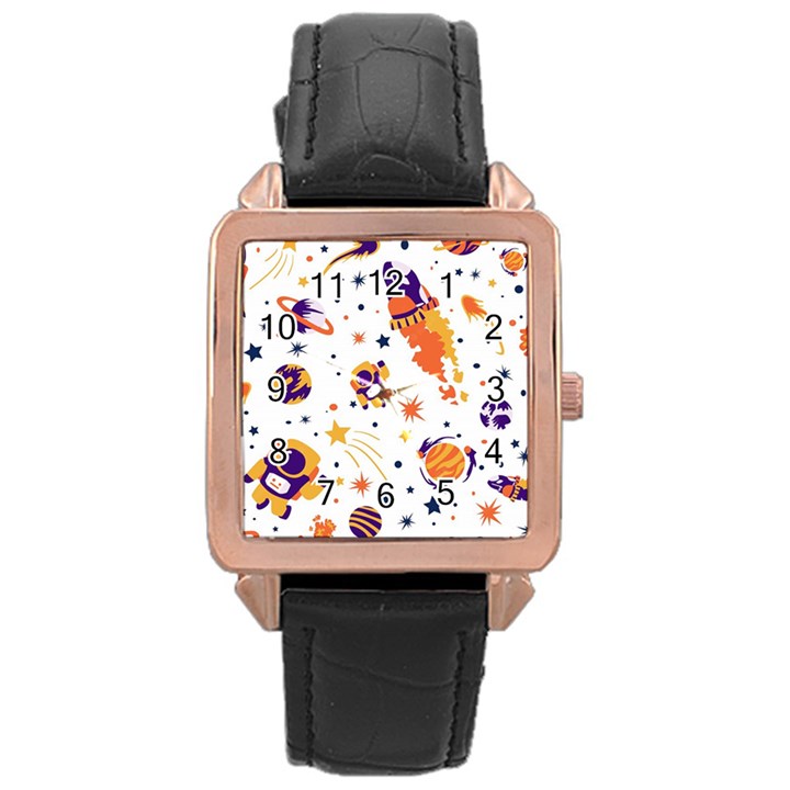 Seamless-pattern-with-spaceships-stars 005 Rose Gold Leather Watch 