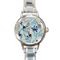 Tropical-leaves-seamless-pattern-with-monkey Round Italian Charm Watch by nate14shop