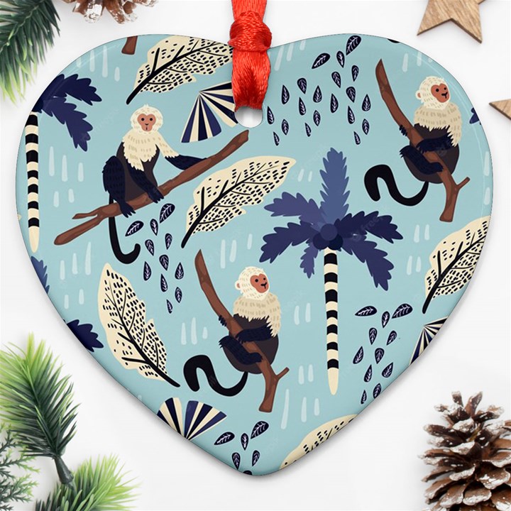 Tropical-leaves-seamless-pattern-with-monkey Ornament (Heart)